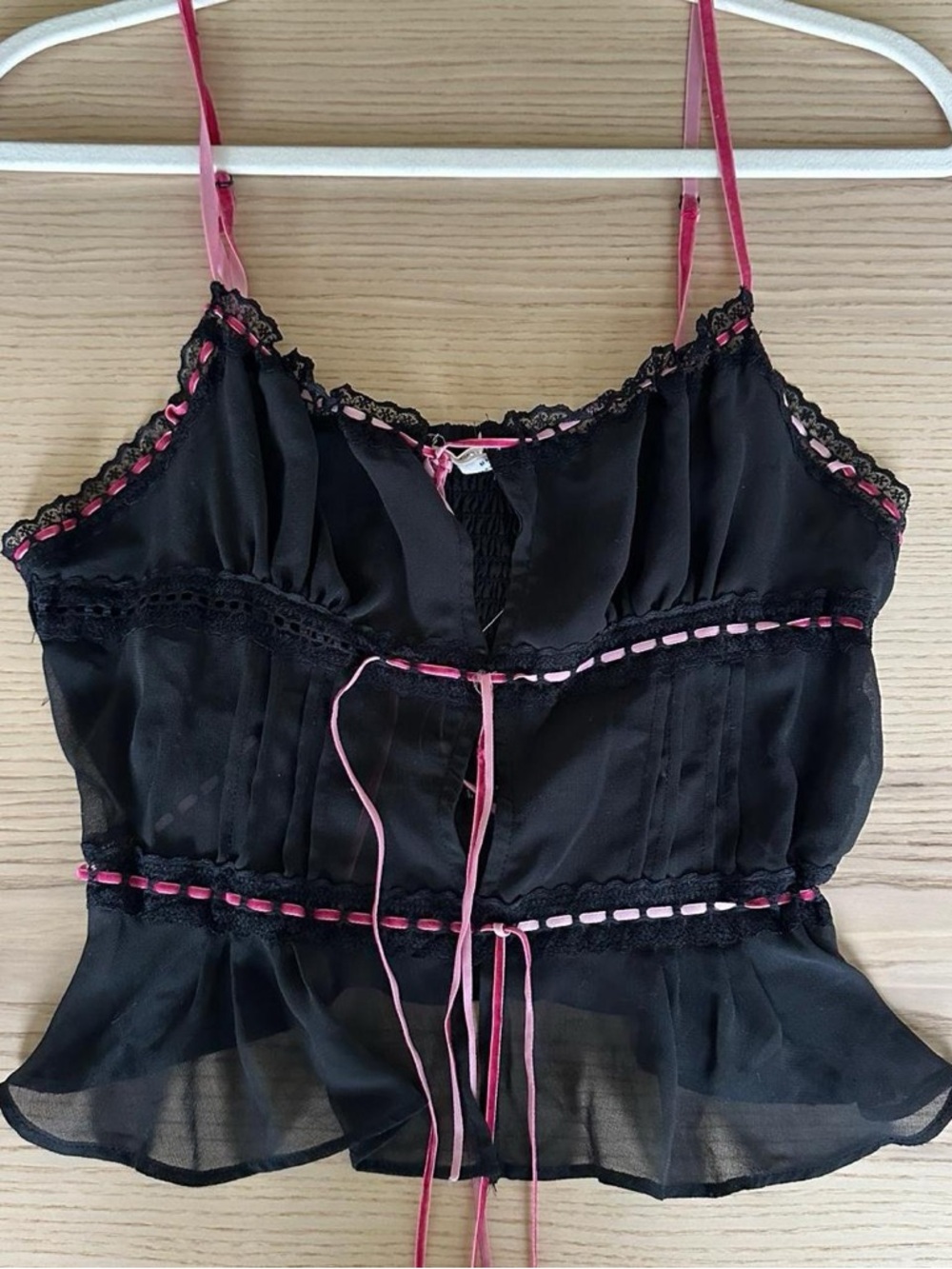 Black Sheer Ribbon-Trim Cami with Pink Accents